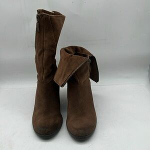 ADAM TUCKER Size 7 Womens Ankle Boots Pelican Brown Suede Fold Down Mid